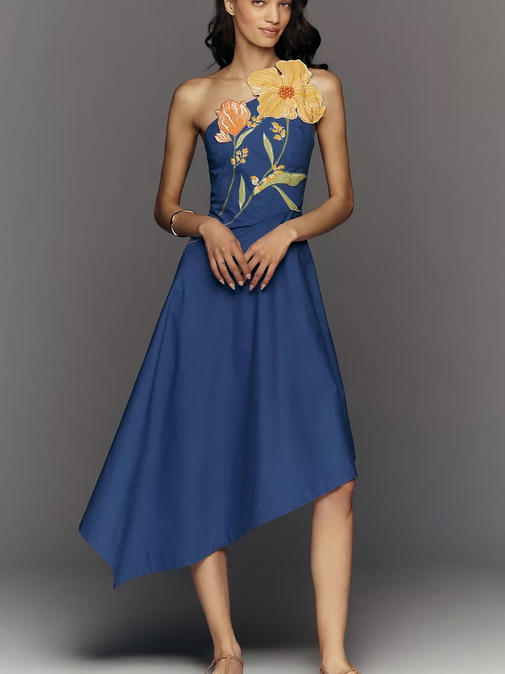 Anthropologie Blue Strapless Midi Dress with Yellow Floral Appliqué